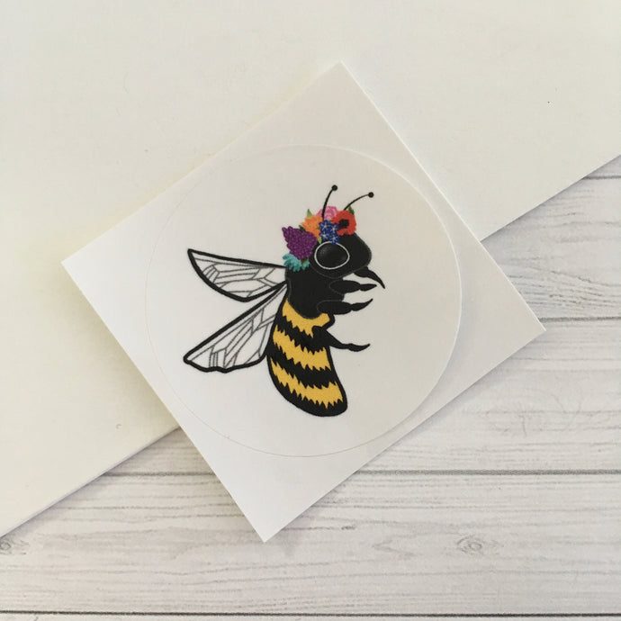 Bee with Flower Crown Circle Sticker (1.5